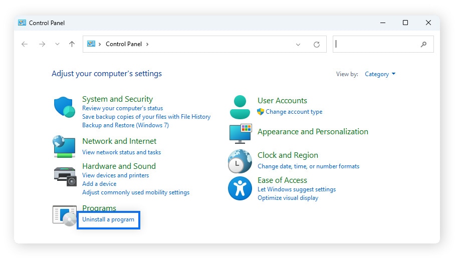 Under Programs, click Uninstall a program.