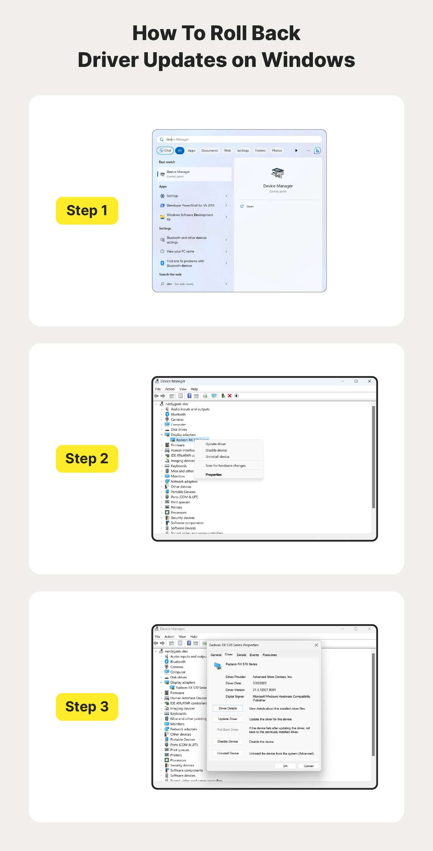 A graphic with screenshots shows how to roll back a driver update in three steps.