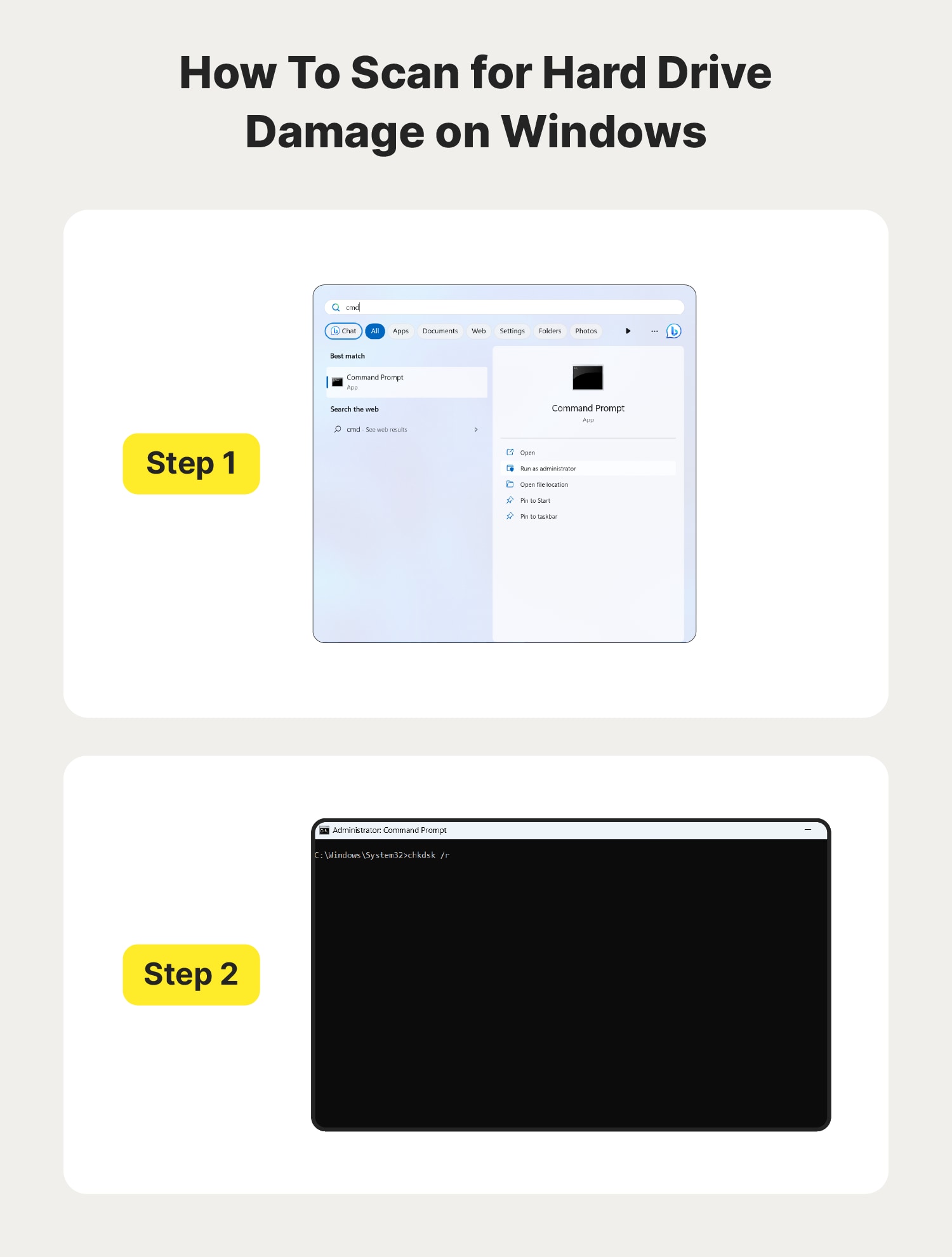 A graphic with screenshots shows how to scan for hard drive damage on Windows in two steps.