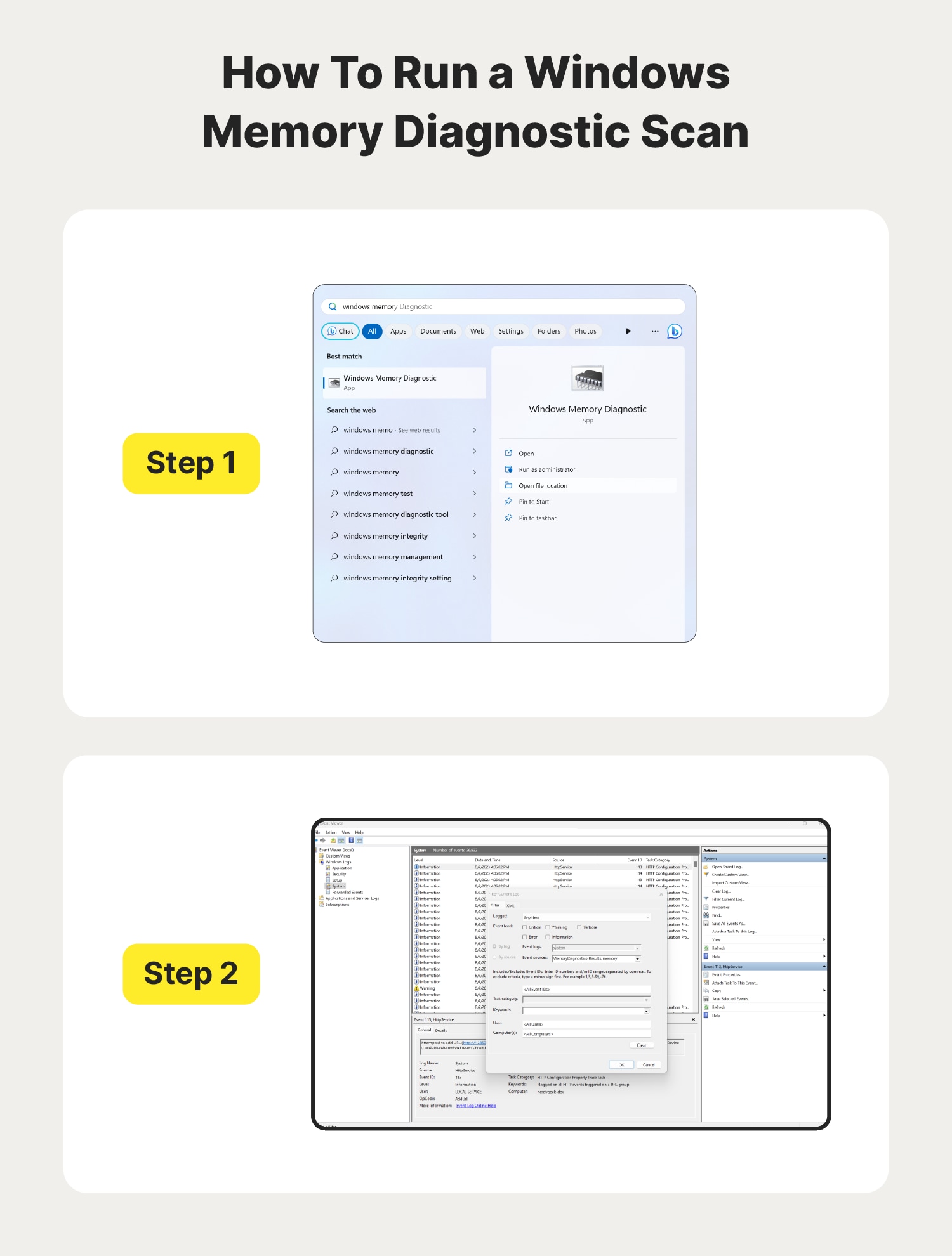  A graphic with screenshots shows how to run a Windows Memory Diagnostic scan in two steps