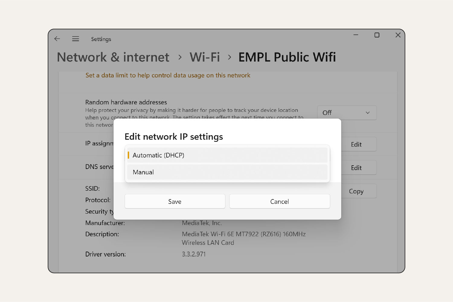 A screenshot showing how to edit your network IP settings on Windows 11.