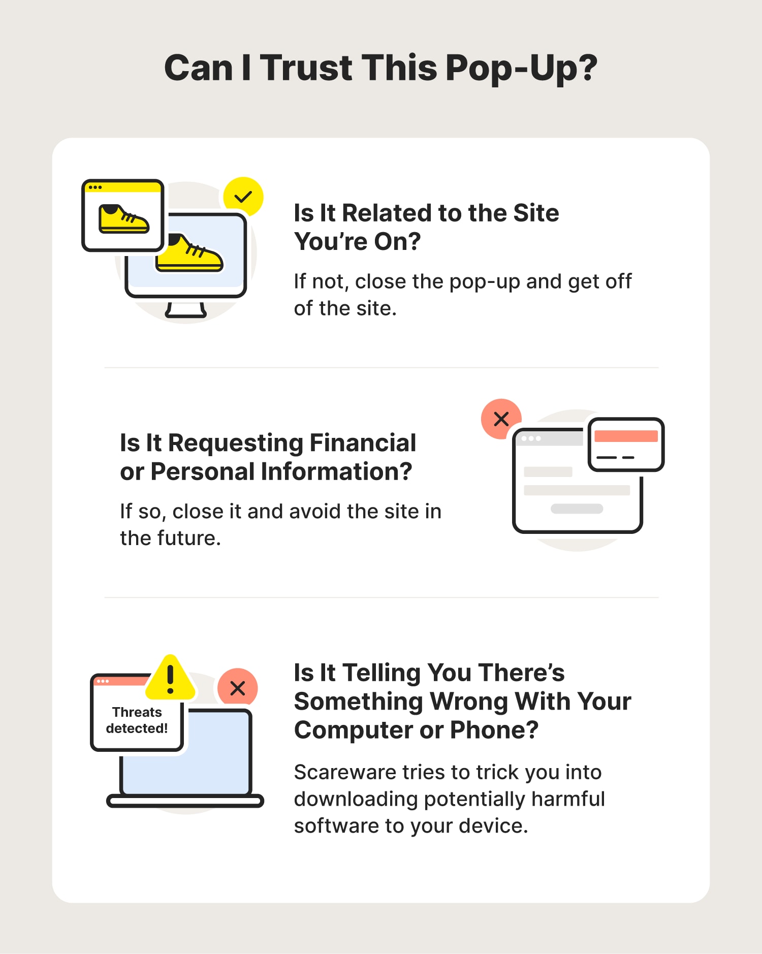 Illustrated chart with tips on how to tell if a pop-up is safe or not.