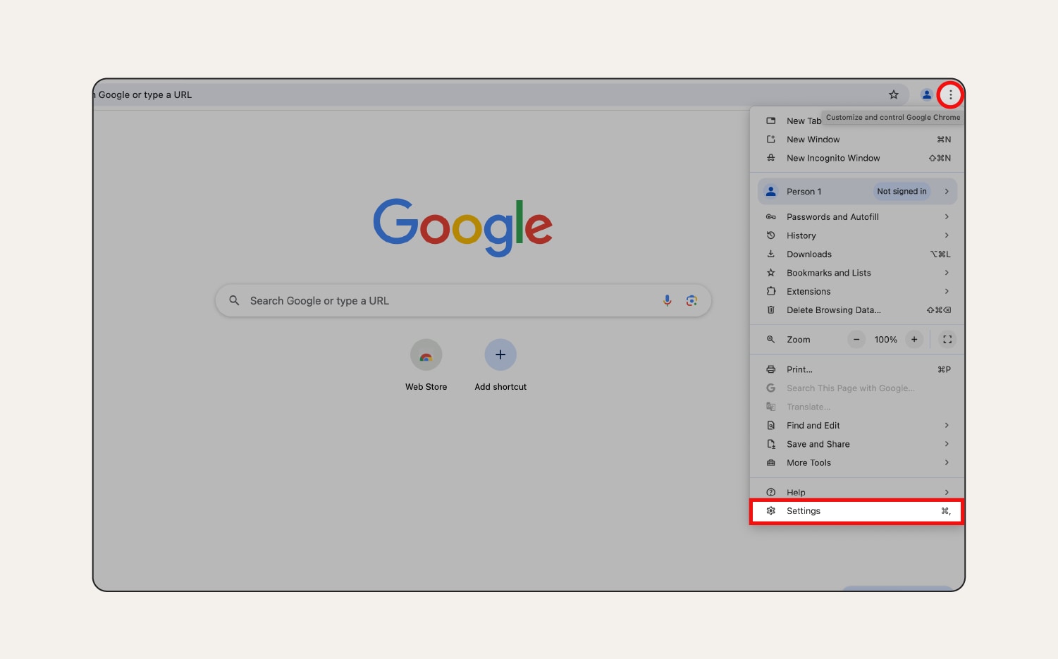 A screenshot showing how to open the Chrome options menu.