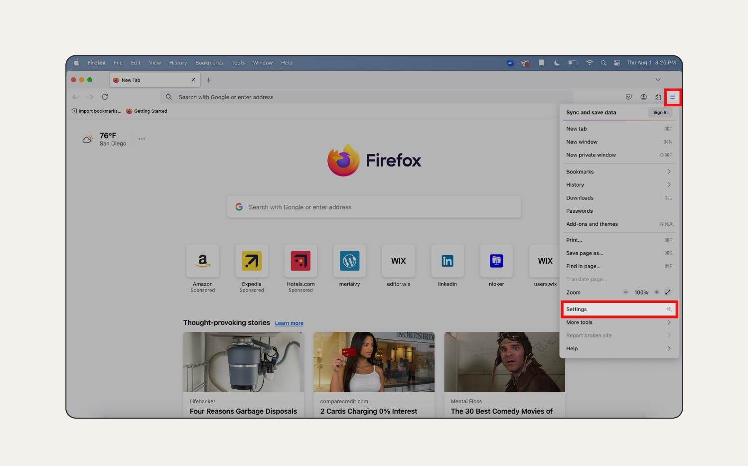 A screenshot of Firefox’s Application menu.