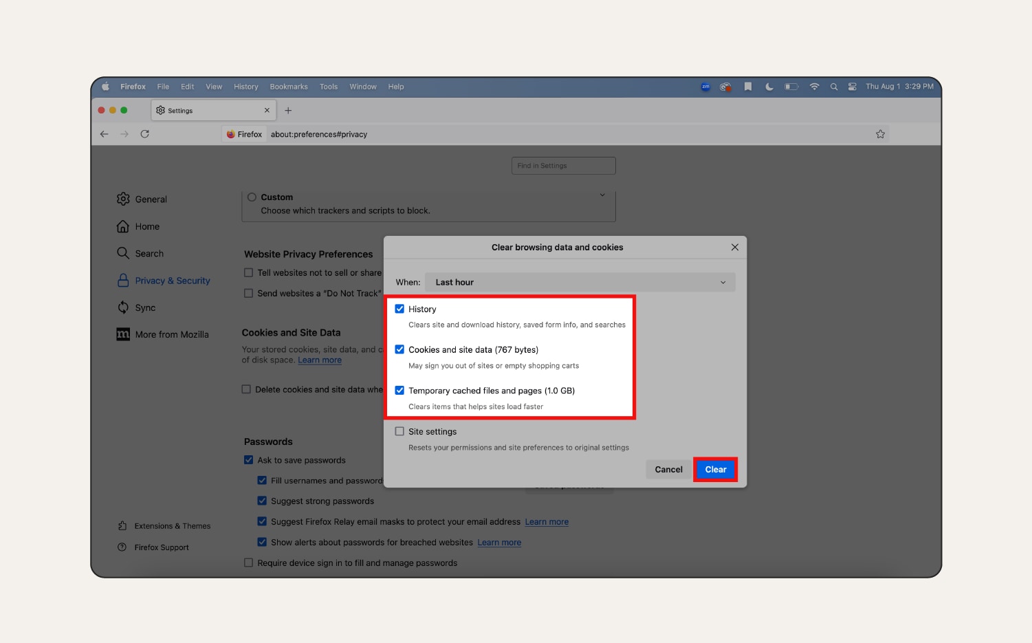 A screenshot showing how to clear cache and cookies in Firefox.