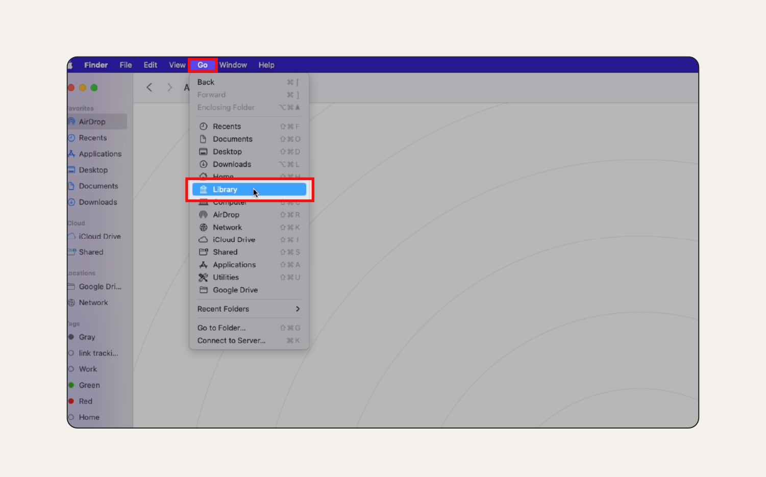 A screenshot showing how to open “Library” in the “Go” menu.