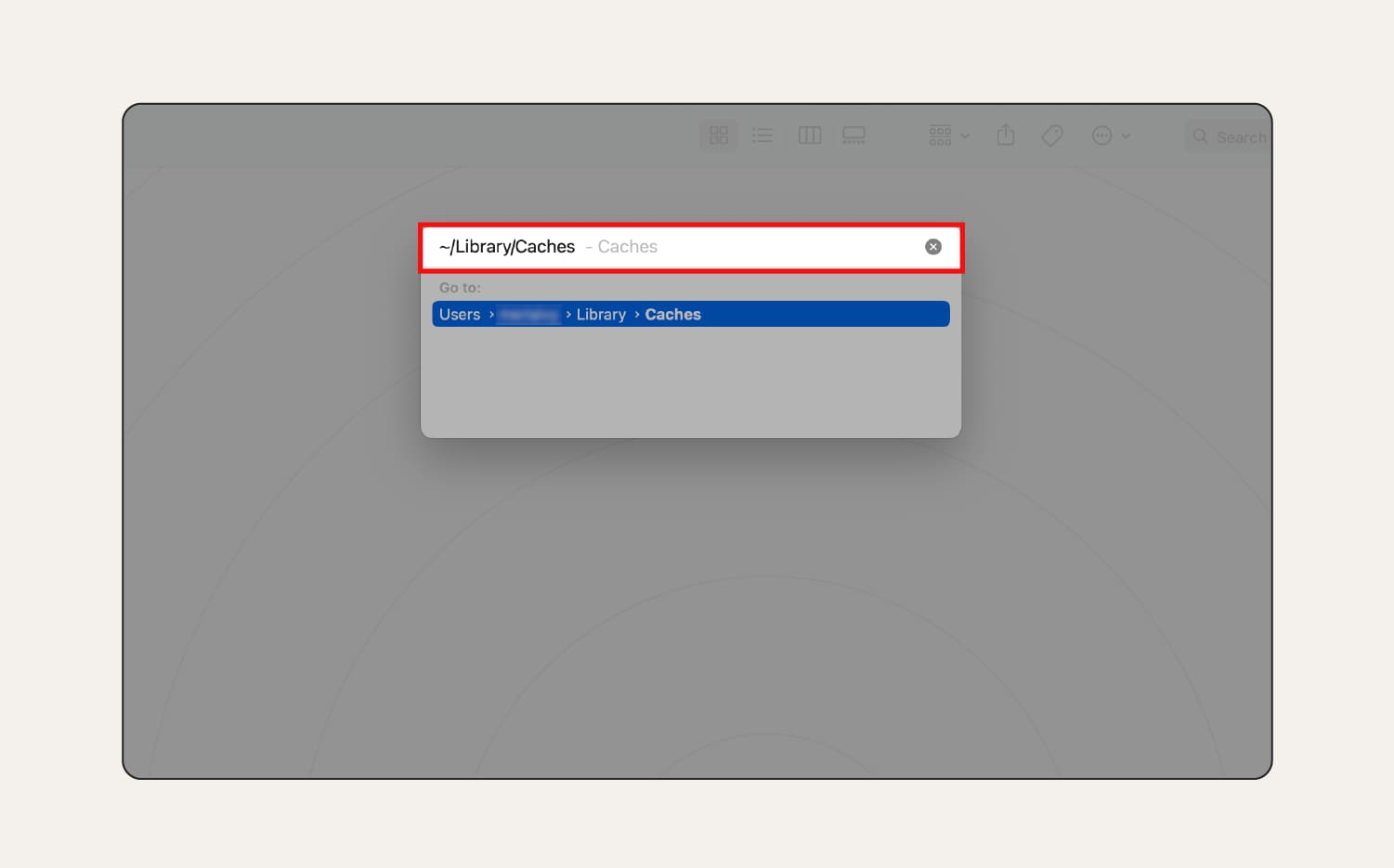 A screenshot of the ~/Library/Caches result in the “Go to Folder” menu.