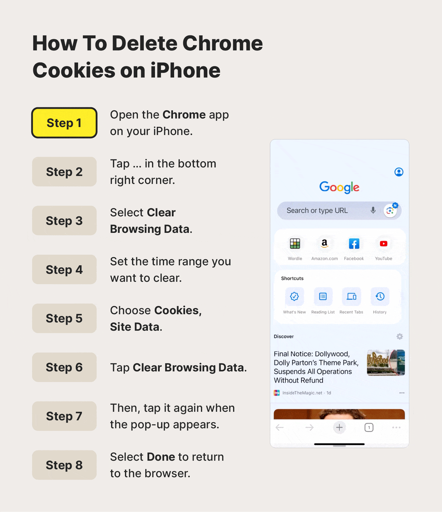 A screen recording showing how to delete Chrome cookies on iPhone.