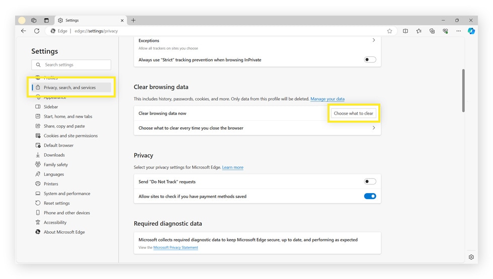 Choose Privacy, search, and services on the left, then scroll down to Clear browsing data and click Choose what to clear.