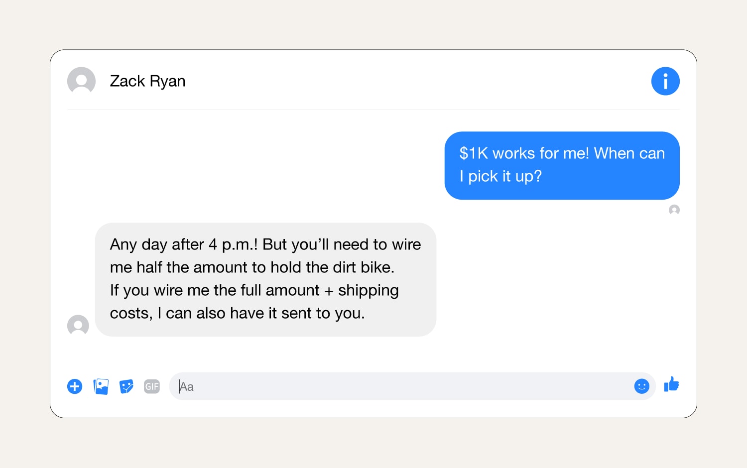 A screenshot showing a wire transfer scam message on Facebook Marketplace.