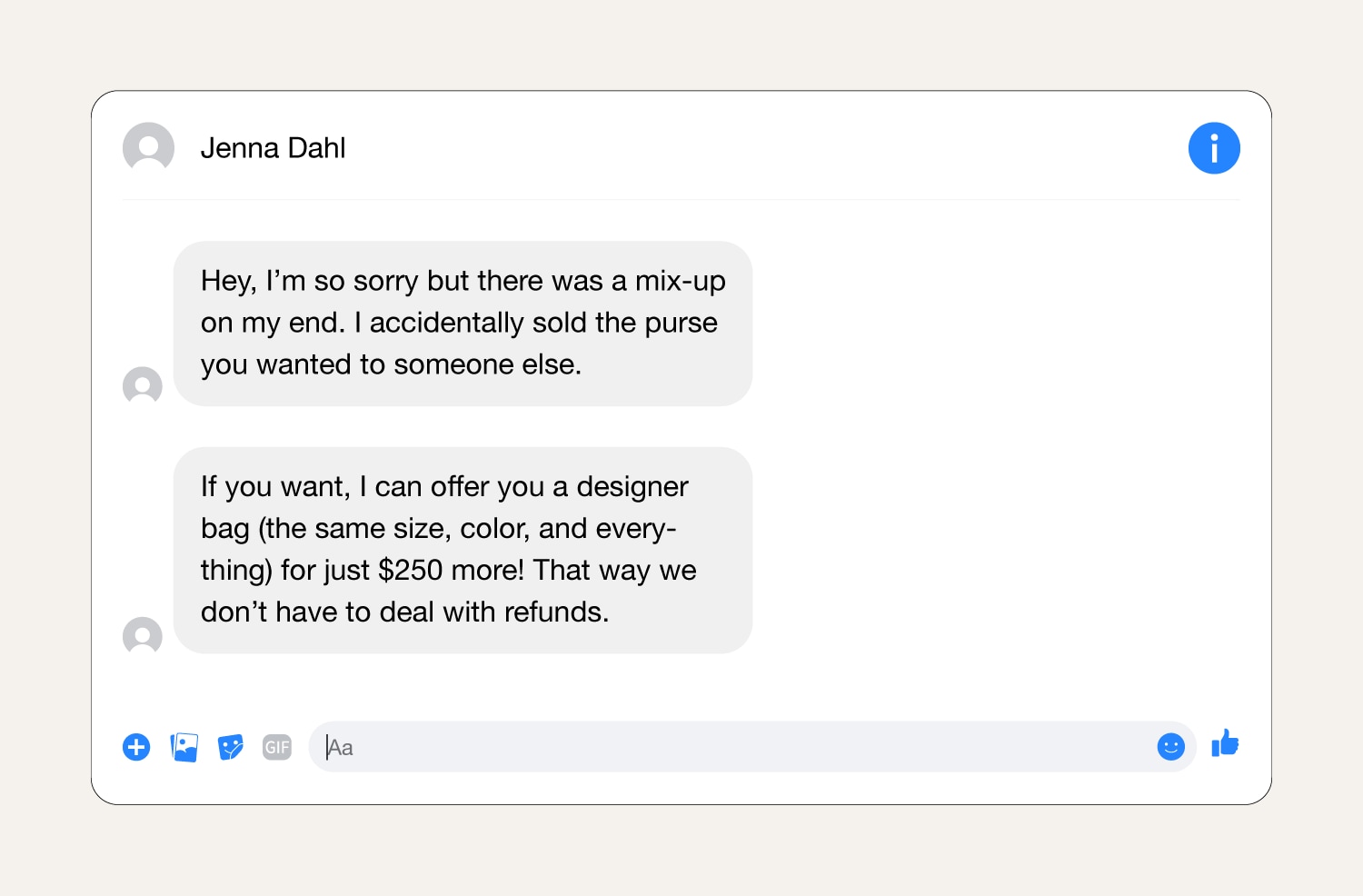 A screenshot showing a bait-and-switch scam message on Facebook Marketplace.