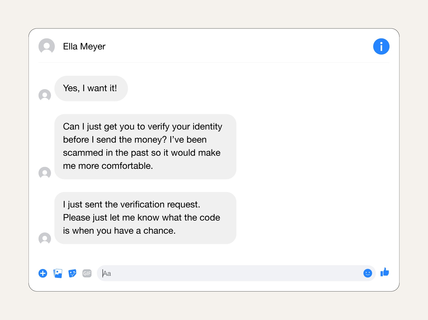 A screenshot showing a verification scam message on Facebook Marketplace.