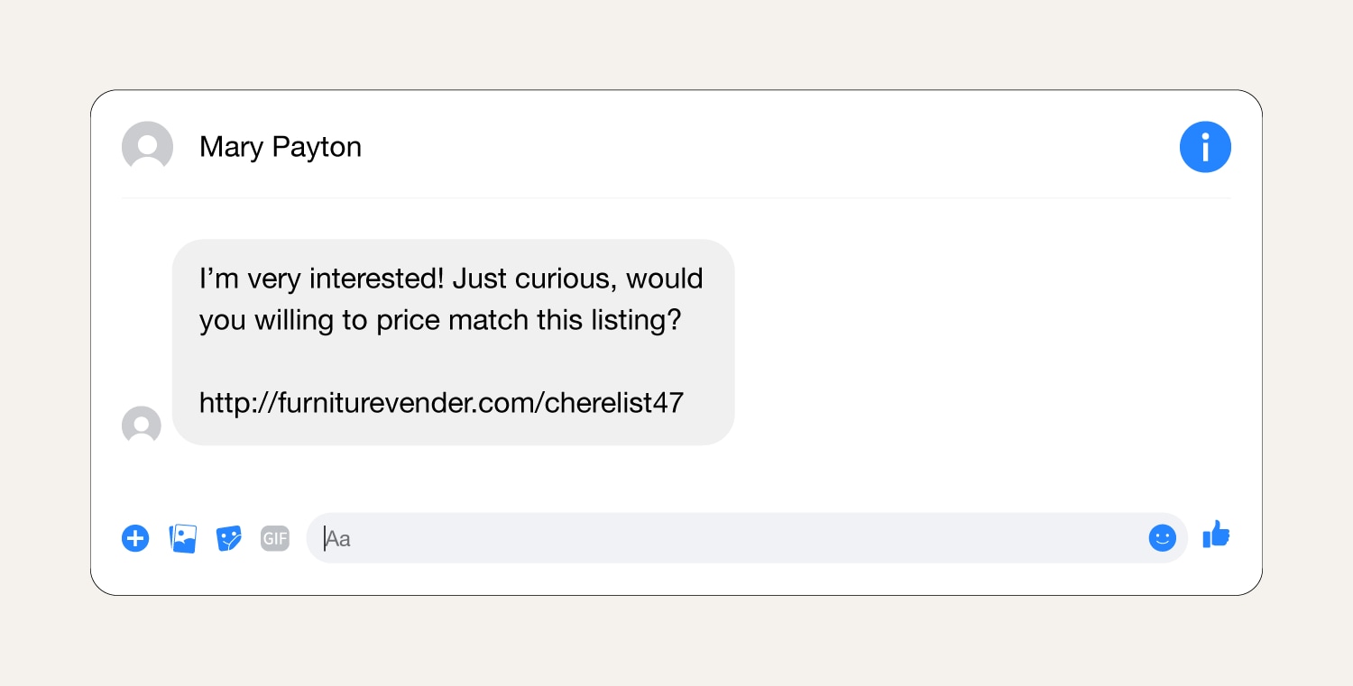 A screenshot showing a phishing scam message on Facebook Marketplace.