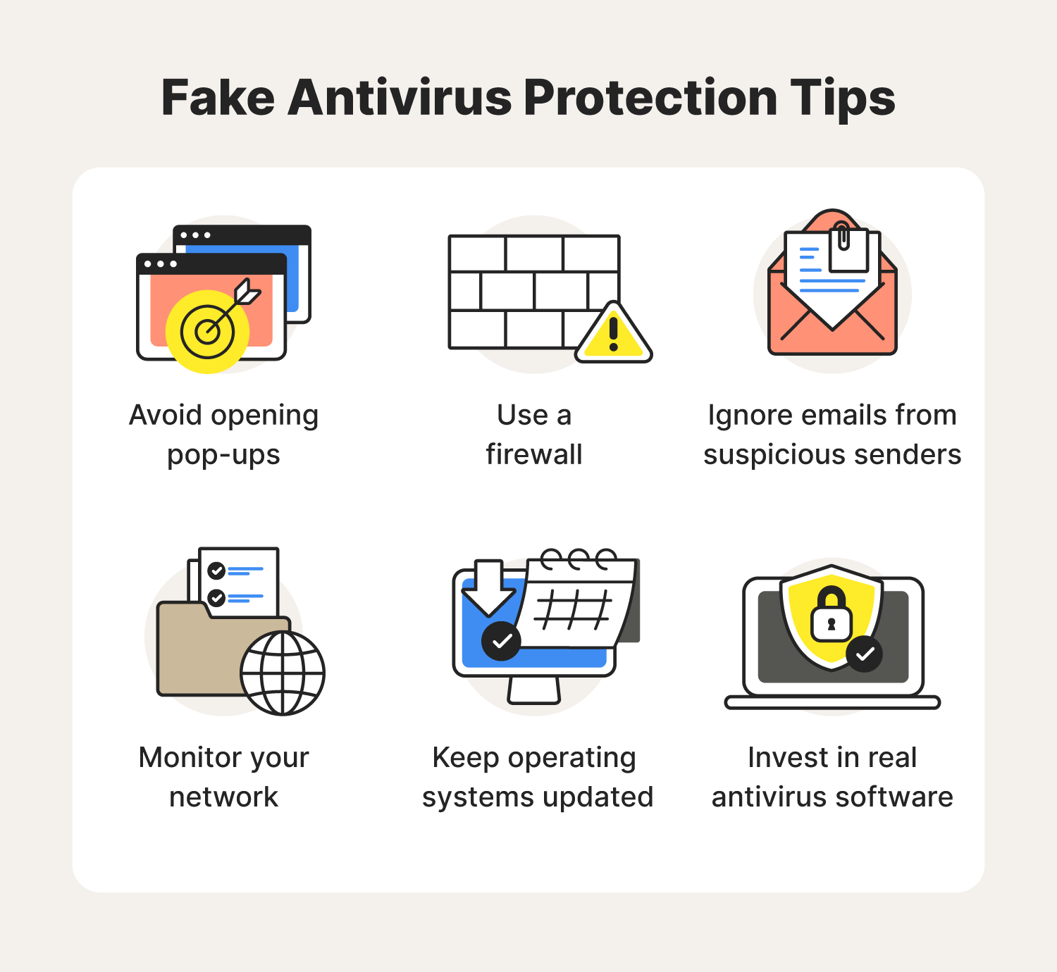 An illustrated computer screen features call-outs highlighting warning signs of fake antivirus software, answering the question, “what is a fake antivirus?” 