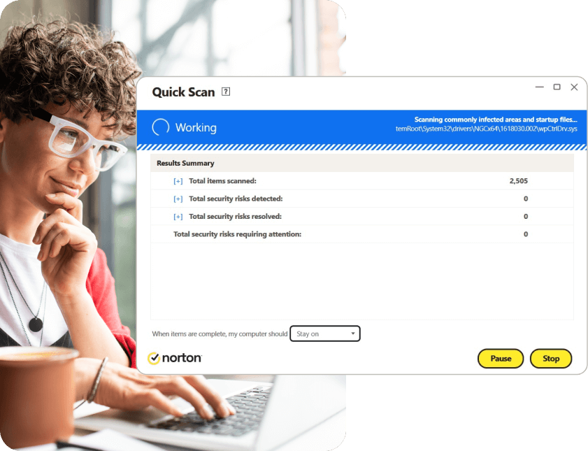 A screenshot showing Norton Antivirus Plus performing a scan for malware and other threats.