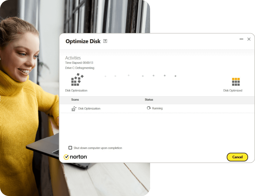 A screenshot showing Norton Antivirus Plus performing a disk optimization scan to boost performance.