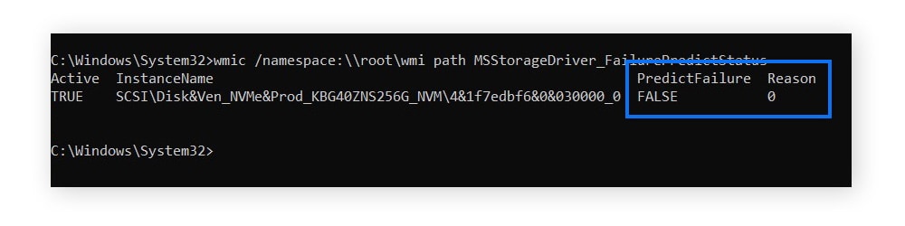 Checking the quick prediction failure results for your hard drive in Windows cmd.