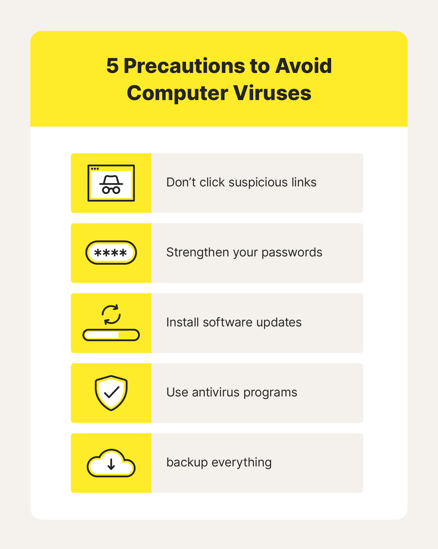 Do these 5 things to avoid computer viruses: Don’t click on suspicious links, strengthen your password protection, install software updates, use antivirus programs, and backup everything. 