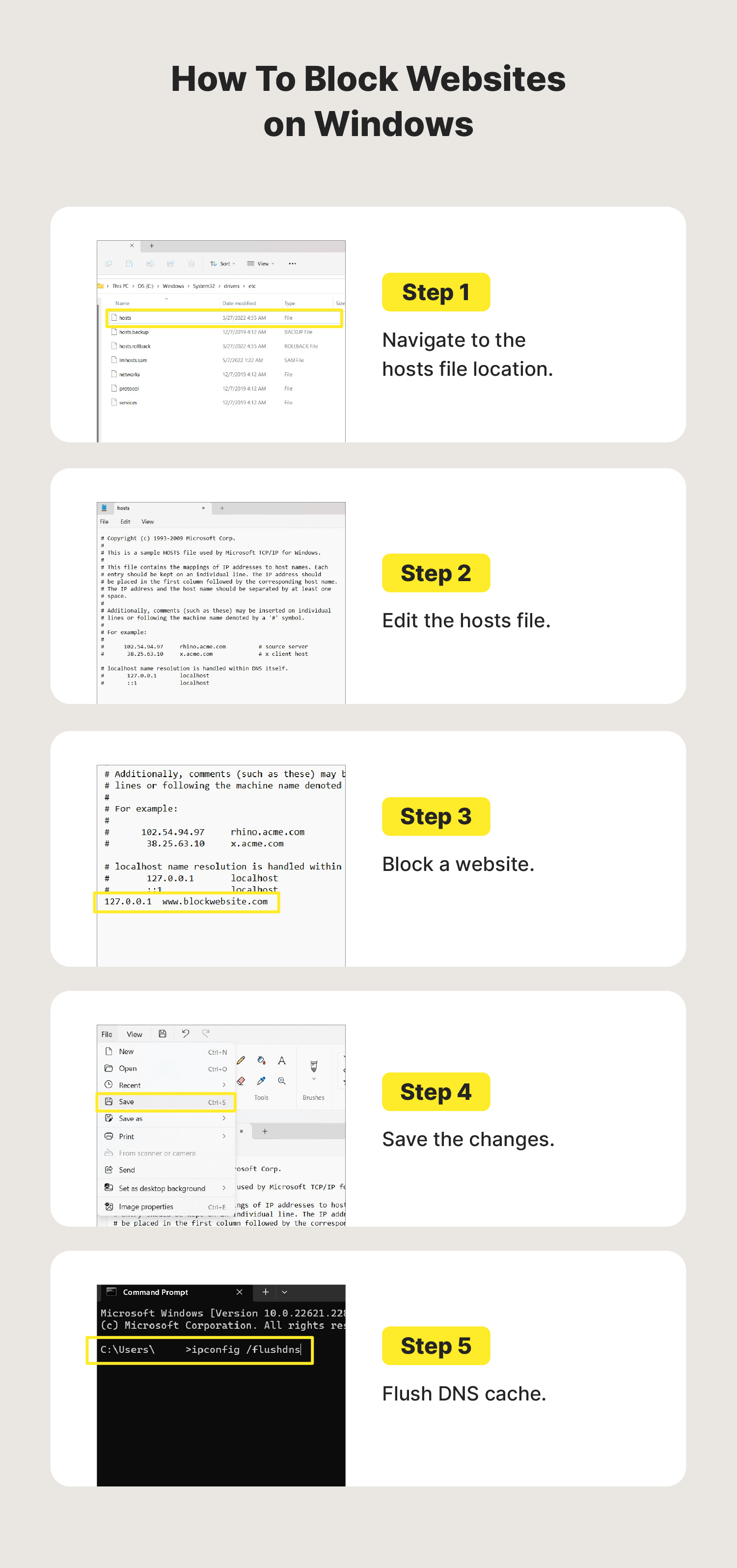 Step-by-step list showing how to block websites on Windows