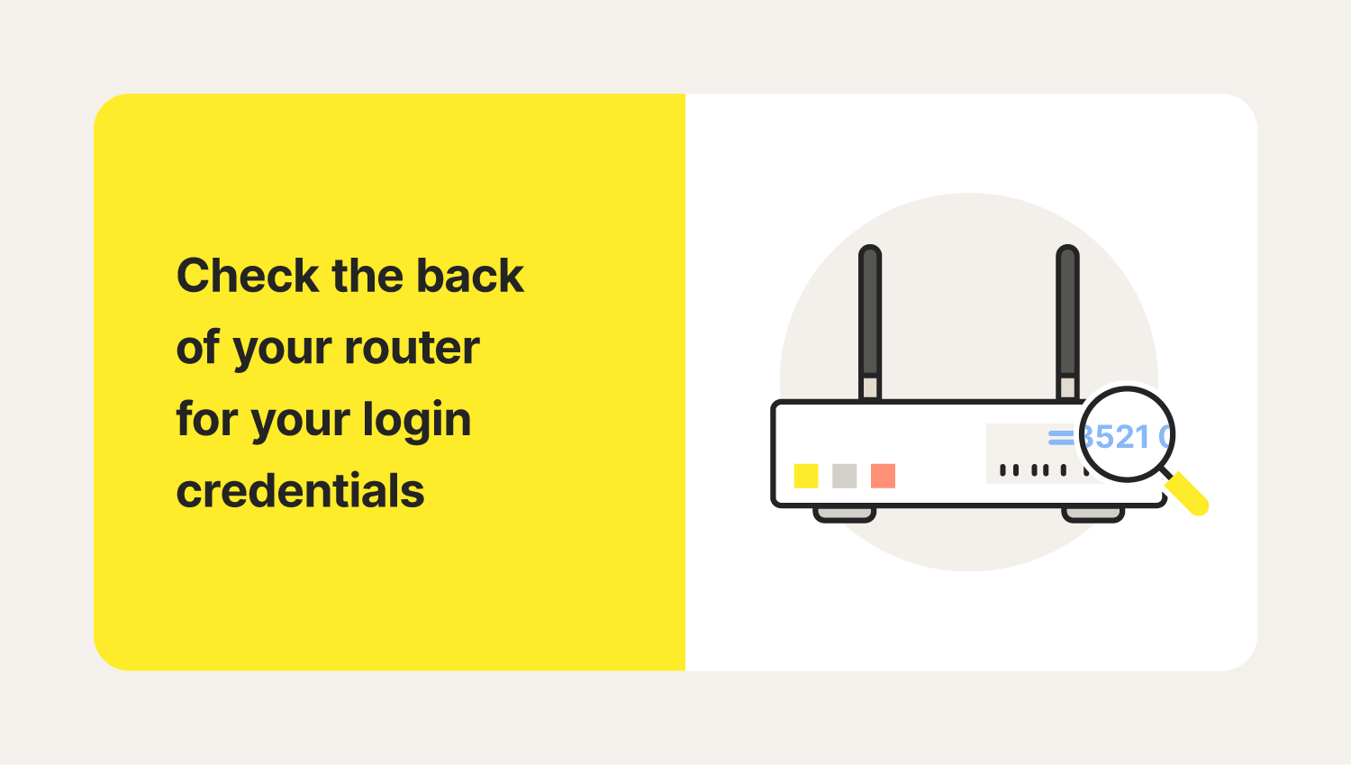 A magnifying glass inspects the back of a router to show how to change your Wi-Fi router password.