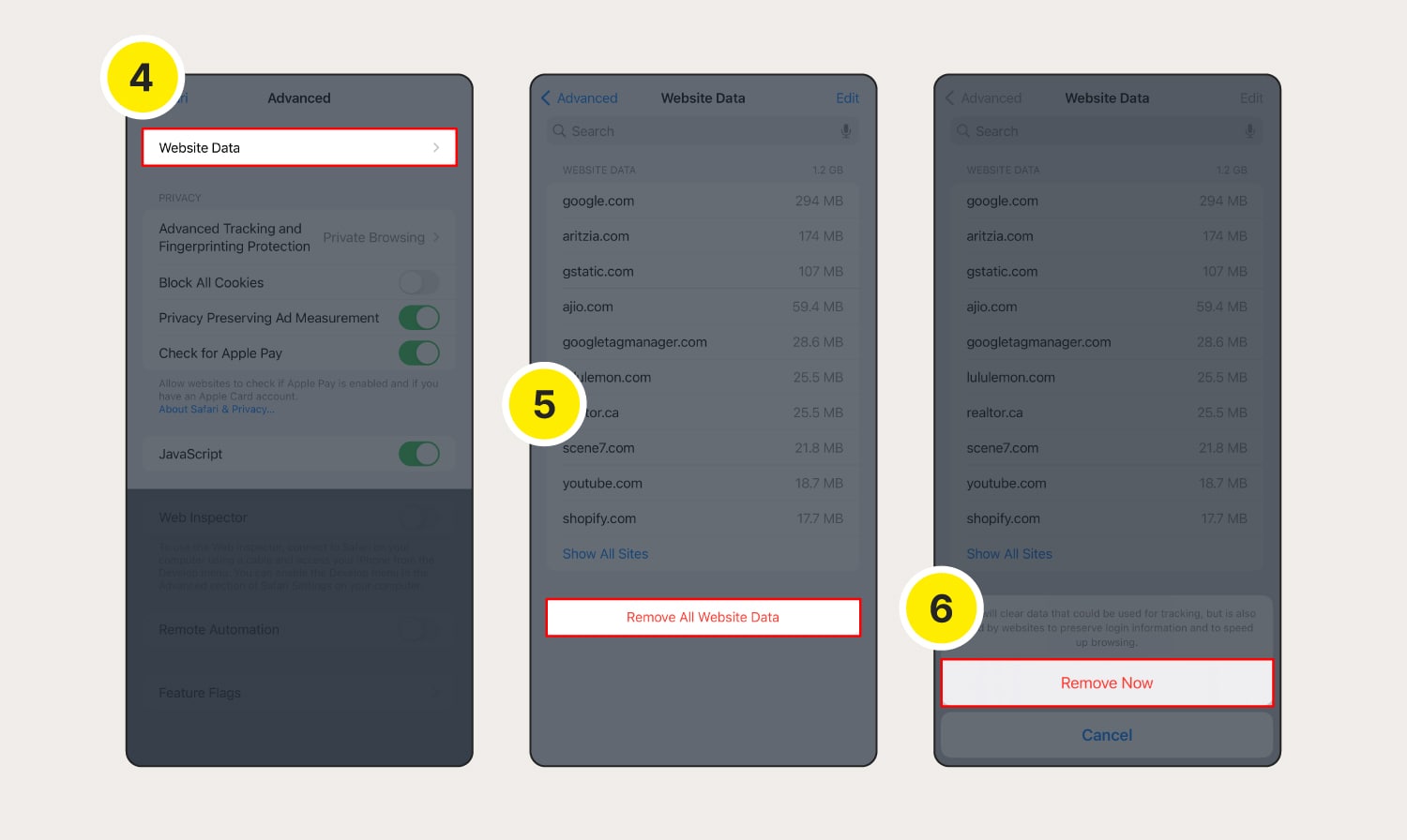 The final steps showing how to remove cookies on Safari on an iOS device.