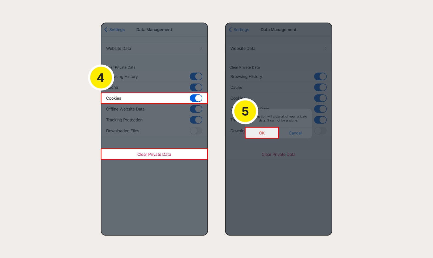 The final steps showing how to clear Firefox cookies on your iOS device.