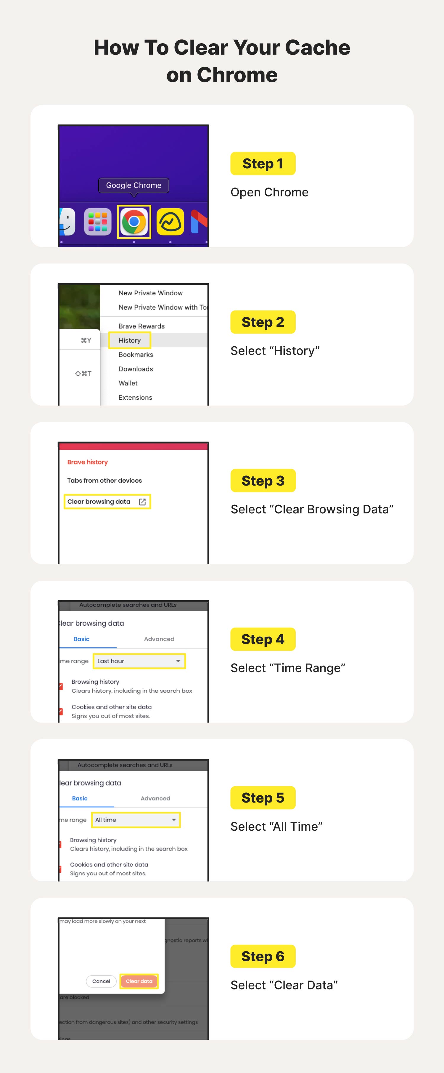 A graphic explains how to remove malware by clearing your cache on Chrome.