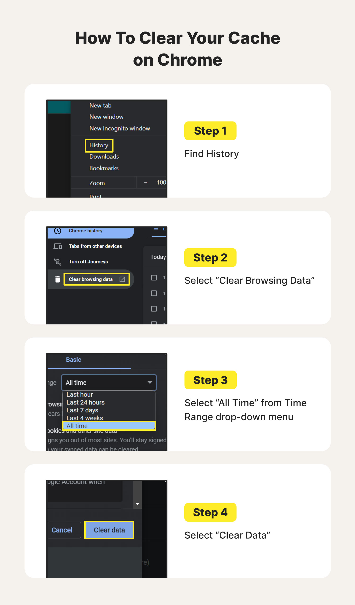 A graphic explains how to remove malware by clearing your cache on Chrome.