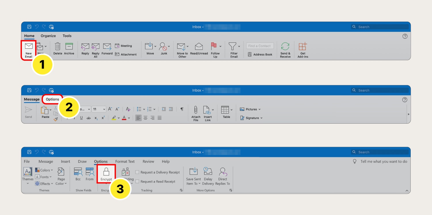 Numbered screenshots that show how to encrypt email in Outlook.