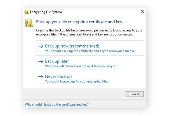 You can choose whether to create a backup of your encryption key, which is recommended on-screen.