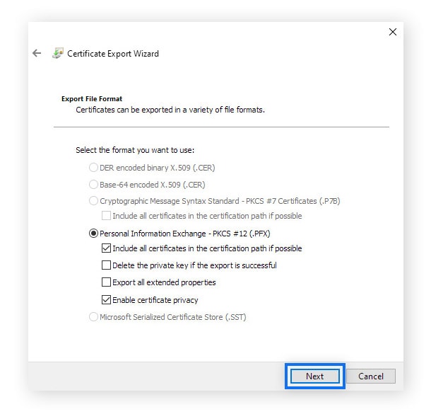 Make sure the following are selected: Personal Information Exchange, Include all certificates in the certificate path if possible, and Enable certificate privacy.