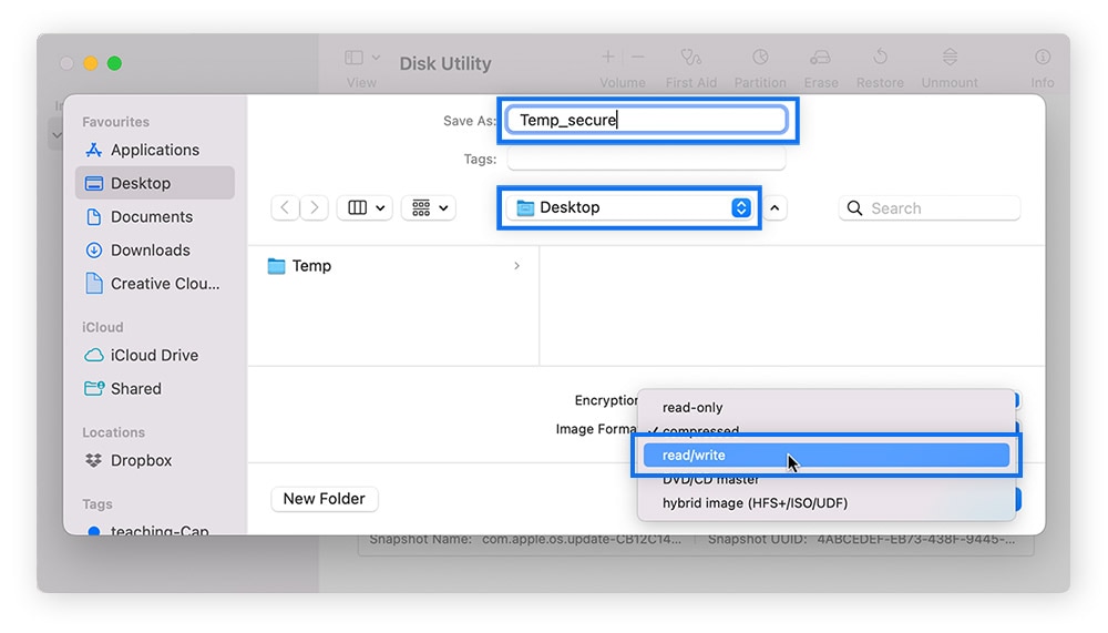 Setting the options and format for your disk image.