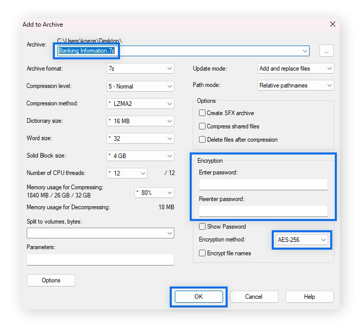 Setting the archive name and format for your locked folder.