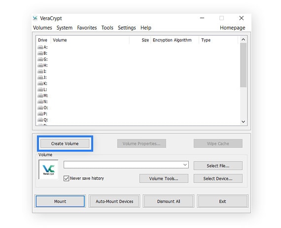 To lock a folder in VeraCrypt begin by clicking Create Volume.