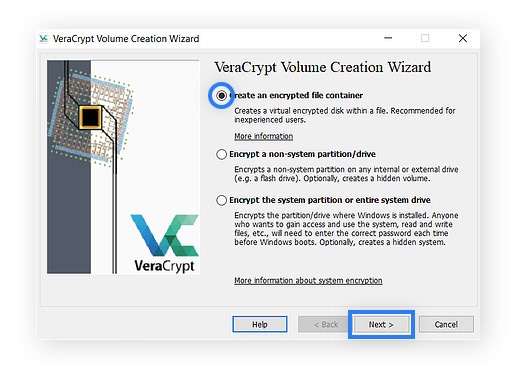 Click Create an encrypted file container and click Next.