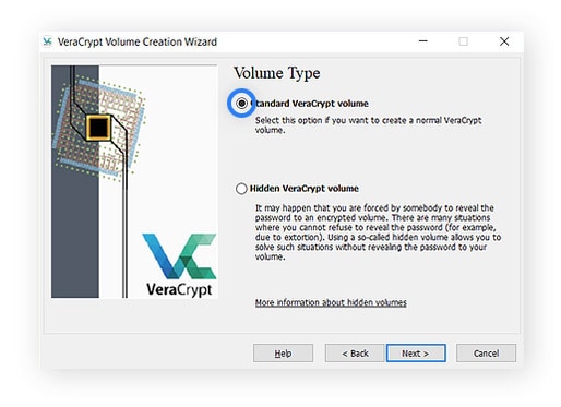 Choose Standard VeraCrypt volume, then Next.