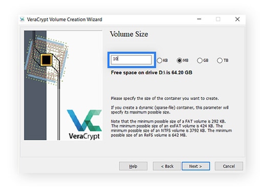 Enter your desired volume size in KB, MB, GB, or TB, then click Next.