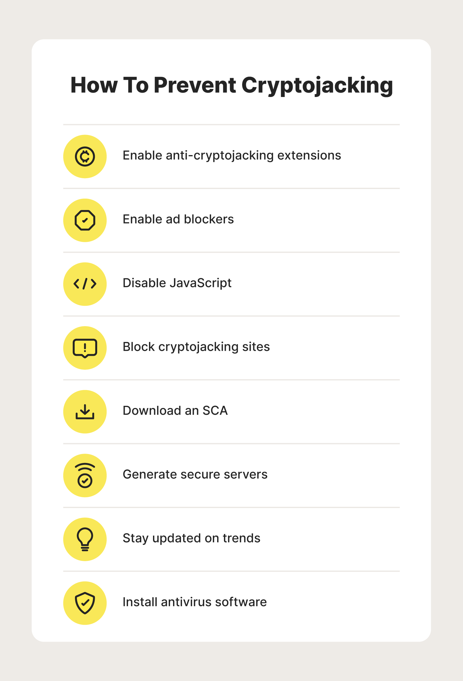 A graphic shares eight ways to prevent becoming a target of cryptojacking.