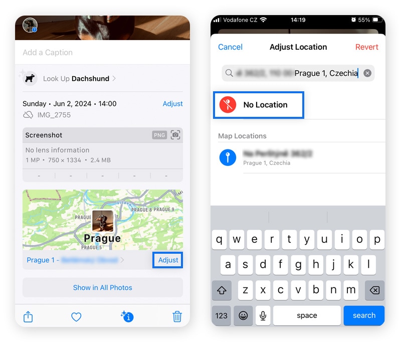 Tapping Adjust and No Location on a photo in iOS to remove location metadata.