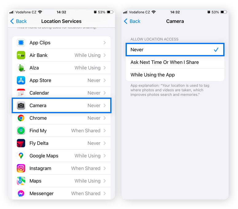 Selecting "Never" to disable the camera app from accessing your location on iOS.