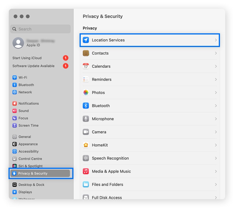 Clicking Privacy and Security, then Location Services to access option for photo information on Mac.