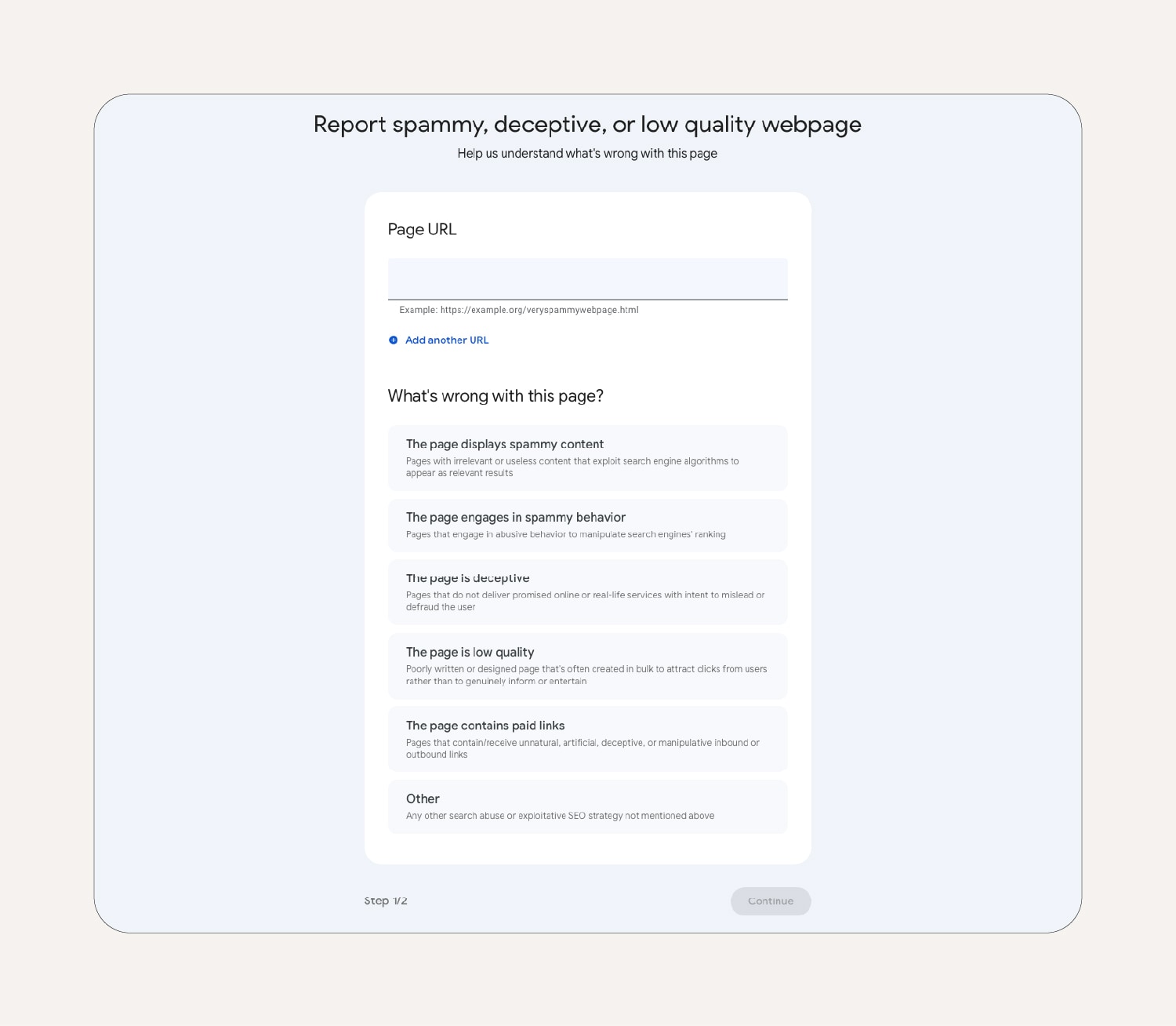 Page 1 of Google’s form to report spammy, deceptive, or low-quality websites.
