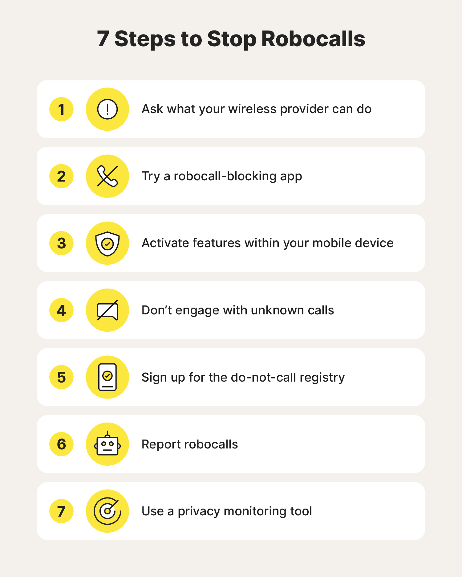 A graphic shares seven steps to stop robocalls.