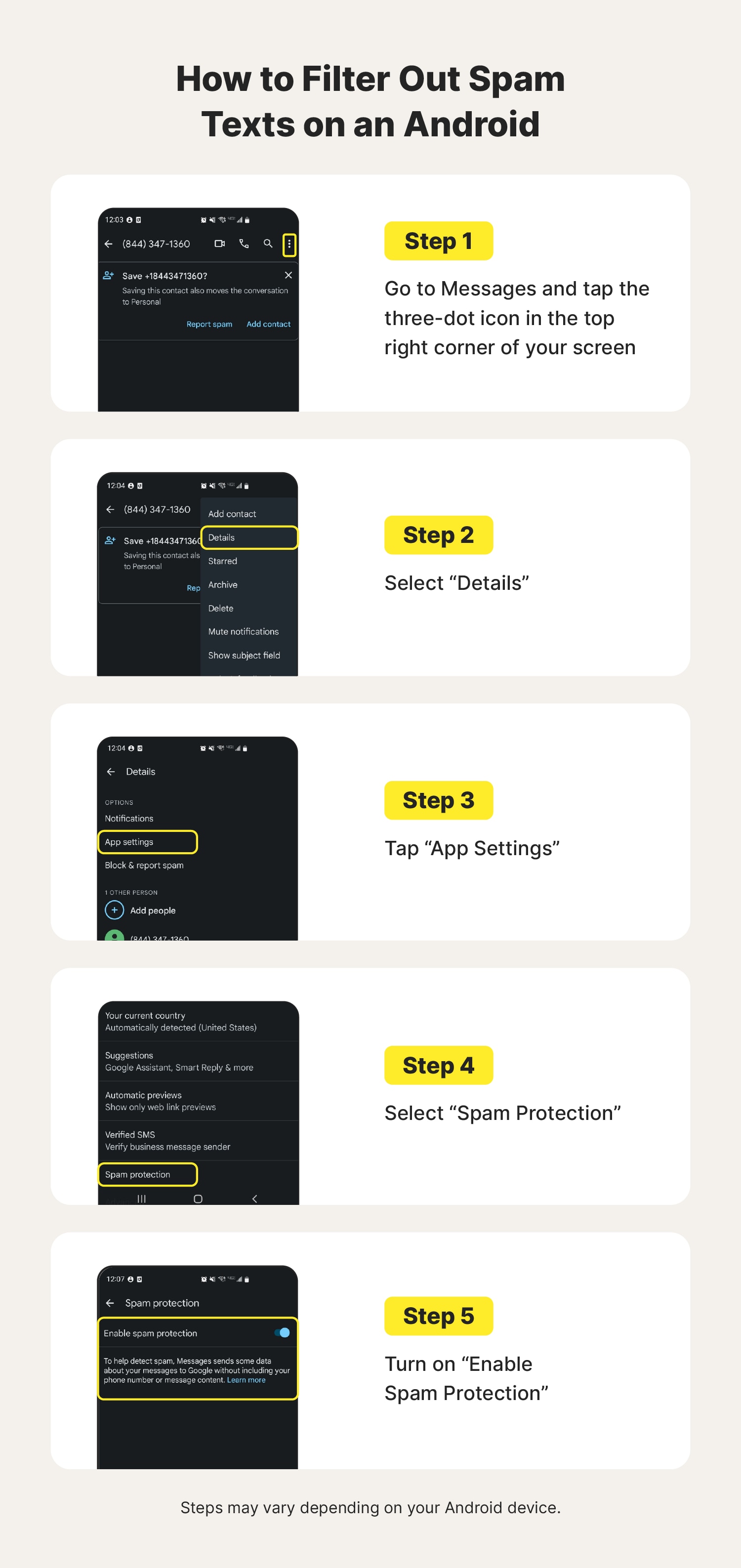 Step-by-step visual instructions on how to filter spam texts on an Android.