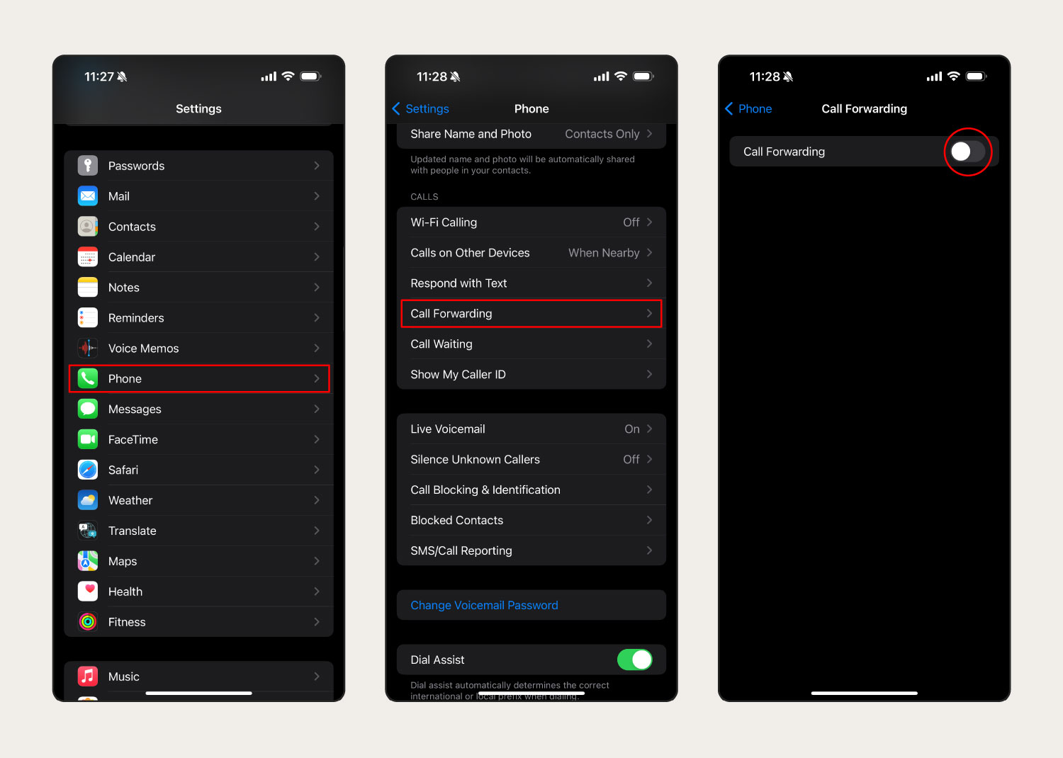 Screenshot showing how to disable call forwarding on iPhone.