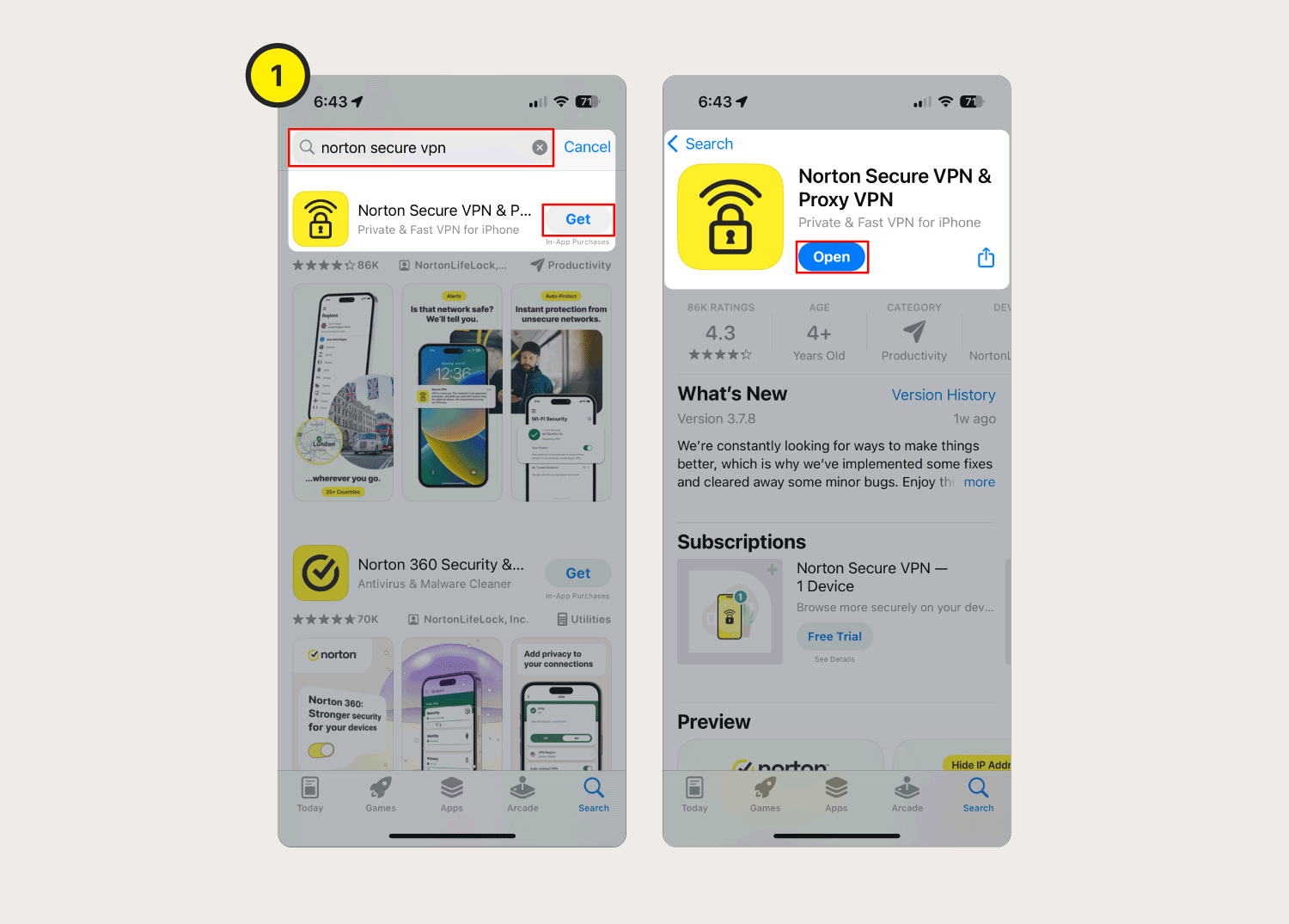 Screenshots showing how to set up the Norton Secure VPN app on an iPhone.