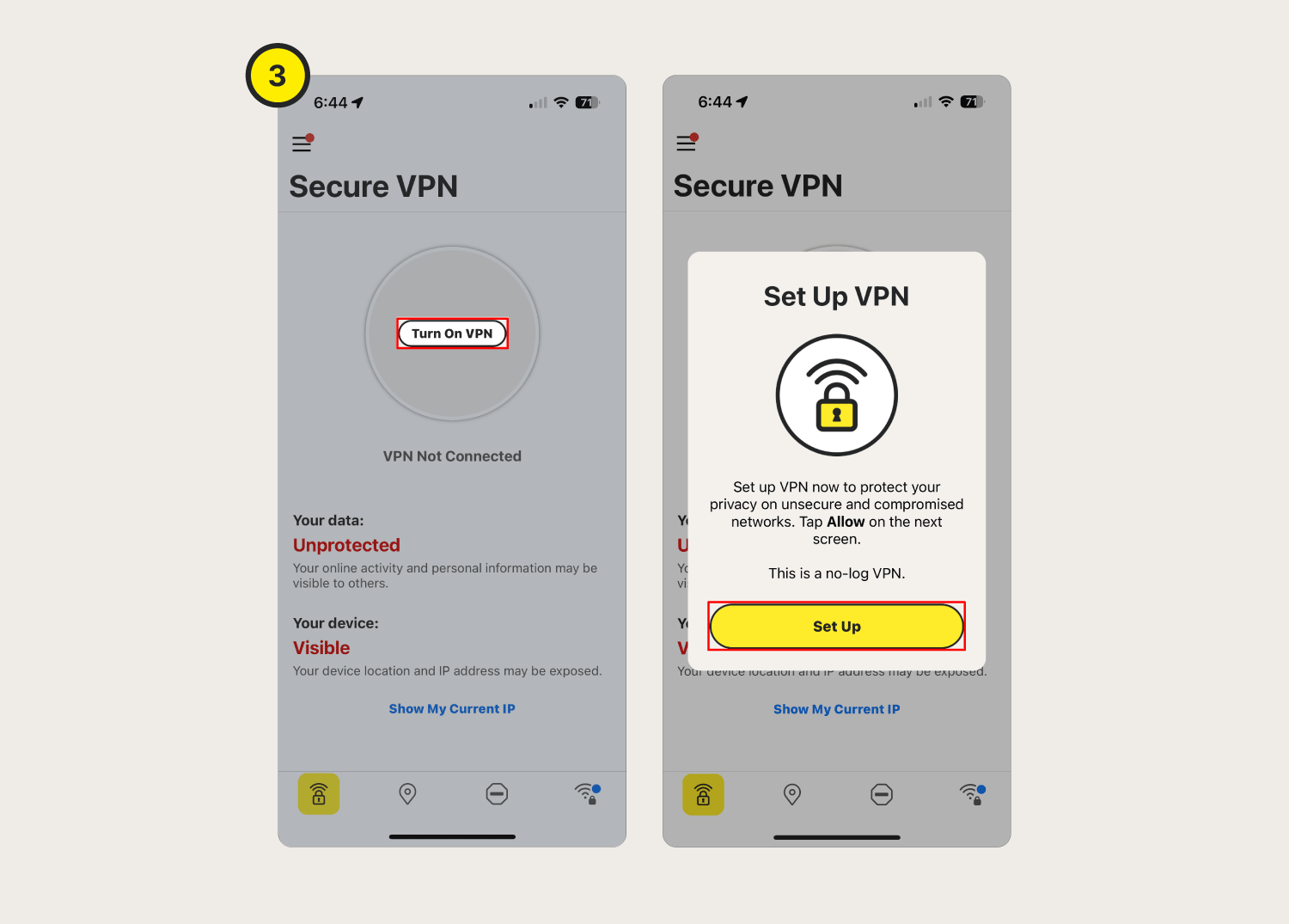 Screenshots showing how to set up the Norton Secure VPN app on an iPhone.