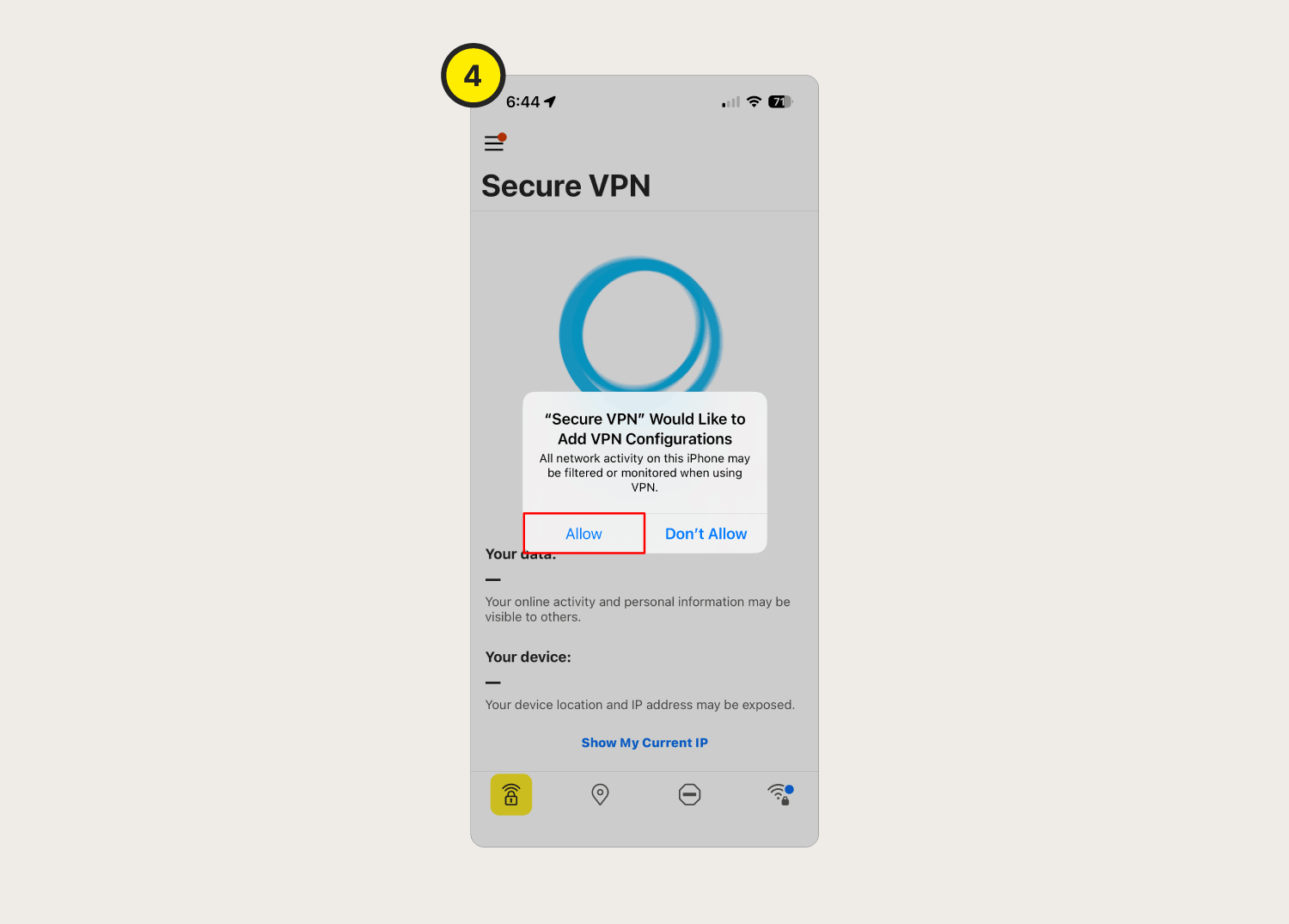 Screenshots showing how to set up the Norton Secure VPN app on an iPhone.