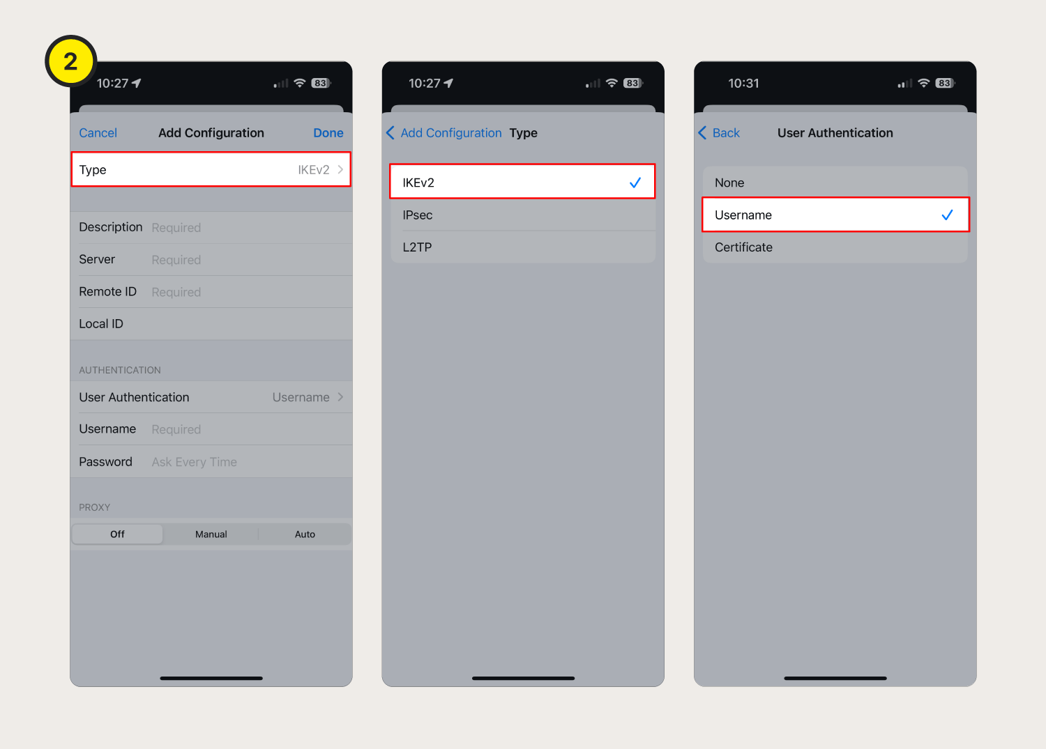 Screenshots showing how to configure VPN settings on an iPhone.