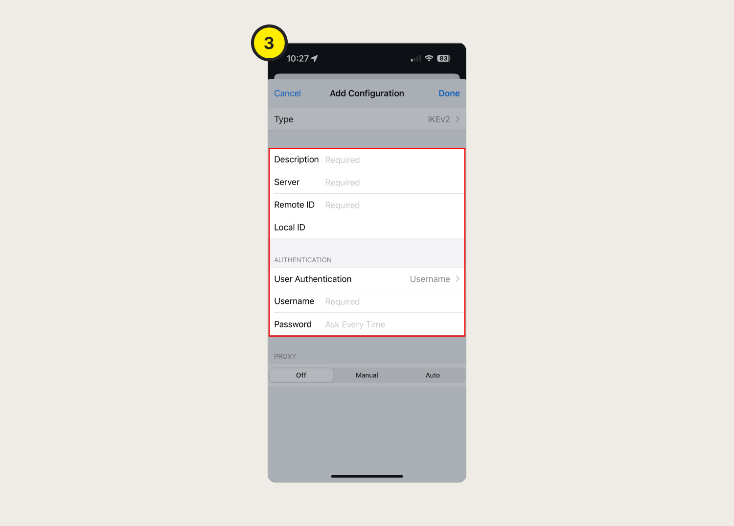 Screenshots showing how to configure VPN settings on an iPhone.